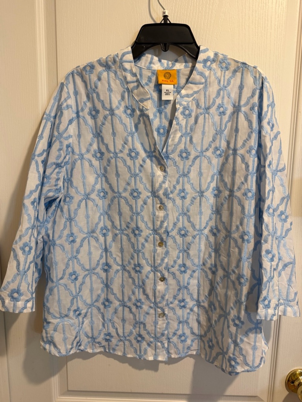 Ruby Rd. White Blouse with Light Blue Embroidered Pattern